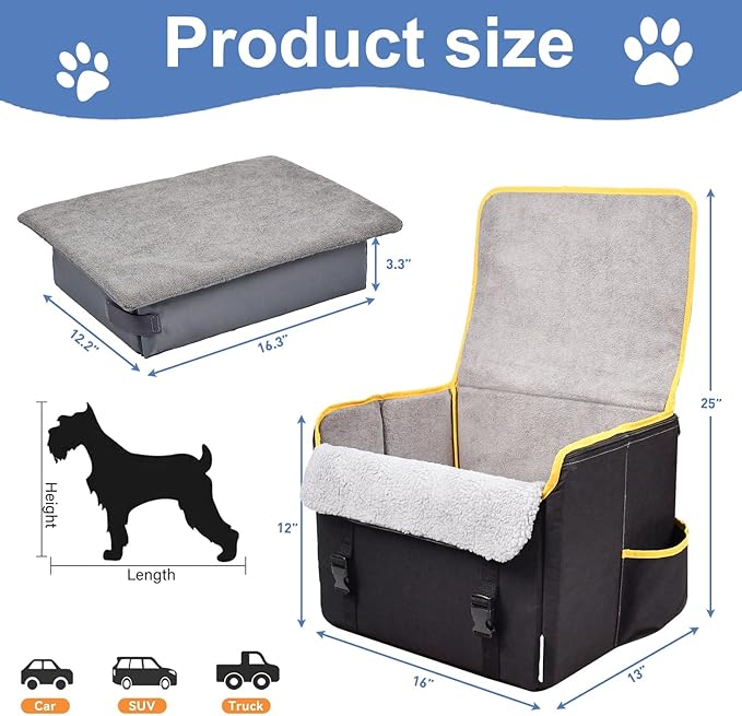 JESPET & GOOPAWS Dog Car Seat, Portable Dog Car Travel Bed with Clip-On Safety Leash, Briefcase Shape Waterproof Dog Booster Car Seat, Suitable for Pets Up to 25lbs