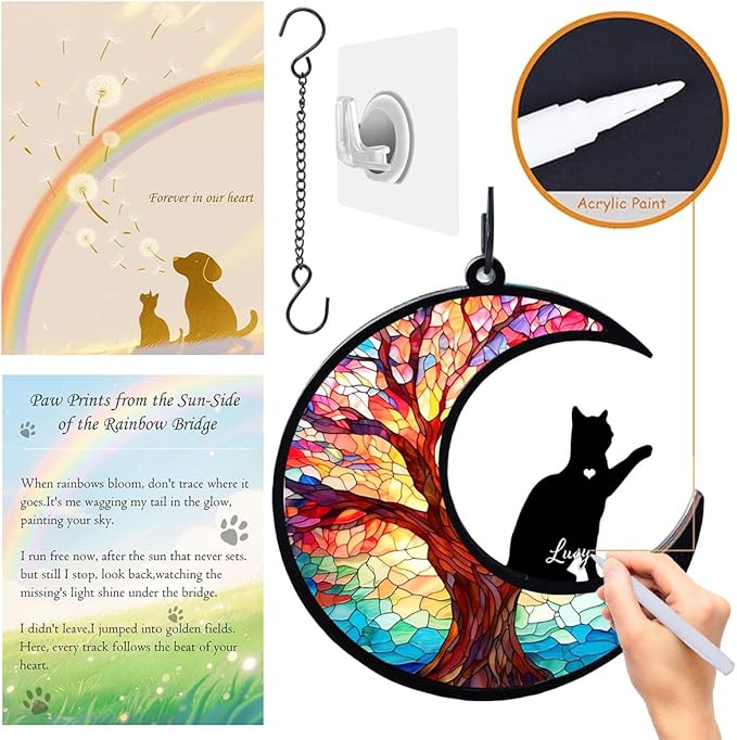 Dog Angel Memorial Suncatcher with Rainbow Bridge Poem Card, Pet Sympathy Gifts for Loss of Dog and Cats, Life Tree and cat
