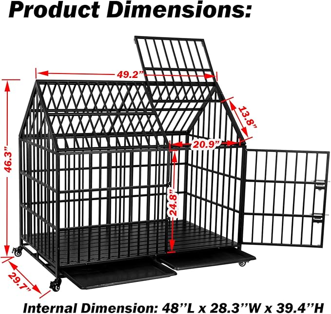 50 Inch Heavy Duty Indestructible Dog Crate with 2 Bowls, Escape-Proof Indoor Double Door High Anxiety Cage, Steel Chew-Proof Kennel with 4 Wheels and 2 Trays for Large Giant Dogs, XL/XXL