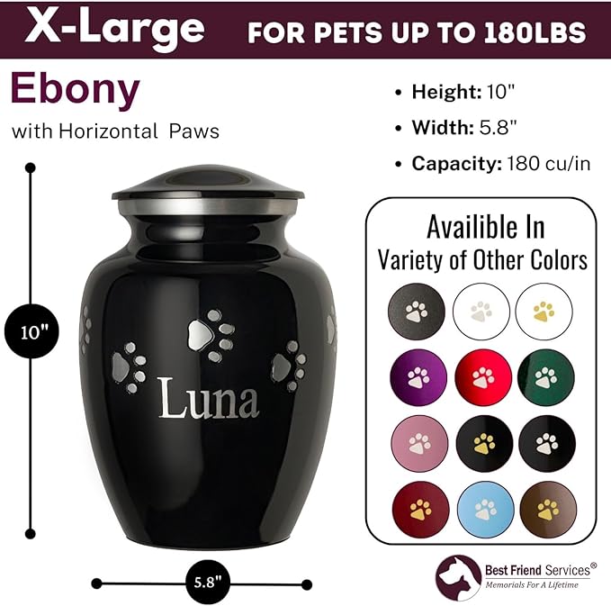 Ottillie Paws Premier Series Pet Urn for Dogs with Personalized Laser Engraving (X-Large - Pets up to 170 lbs, Ebony with Horizontal Pewter Paws)