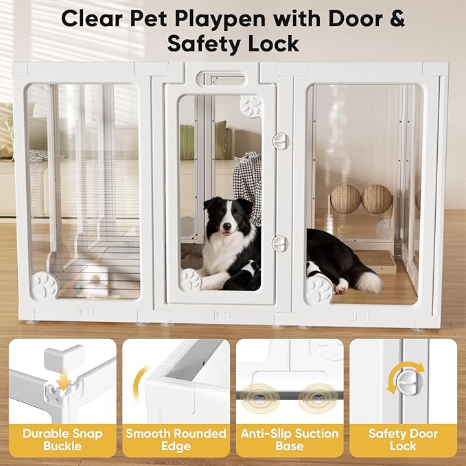 Clear Acrylic Dog Play Pen Indoors, Transparent Puppy Playpen with Door for Small Dogs Puppies, Modular Plastic Pet Playpen Cage Fence Crate for Cat Kitten Rabbit (White, 30 Inch Tall - 2 Panels)