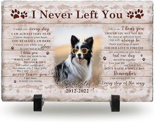 Bemaystar Personalised Dog Memorial Gifts for Loss of Dog Custom Dog Memorial Stone Plaque Pet Memorial Gifts for Dogs Cat Natural Slate Plaque Gifts with Display Stand Background Color Optional-M