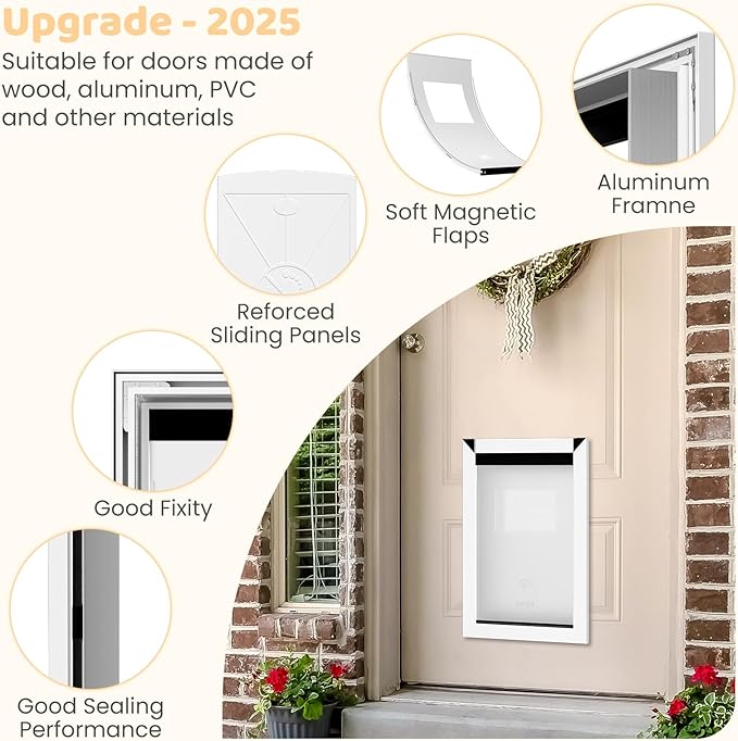 HARDLIGHT Aluminum Frame Dog Door - Up to 90 LBS, Double Soft Flaps with Magnetic Closure, Adjustable Telescoping Tunnel Large Dog Door with 2 Sliding Panels, Easy Install, Snow White, Large