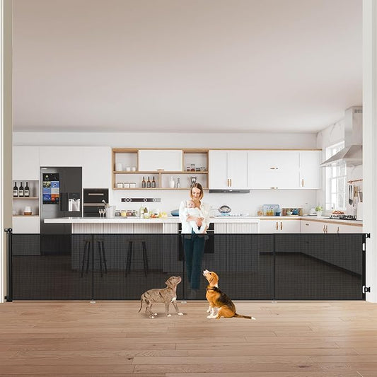 42" Tall Retractable Baby Gates, Extra Wide 196" Retractable Safety Gate with Reinforced Strips, Extra Long Dog Gate for Large Openings & Doorways Mesh Pet Baby Gates Indoor & Outdoor, Black