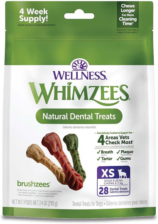 Wellness WHIMZEES Daily Brushzees Dog Dental Treat, VOHC Accepted Chews, Freshens Breath, Extra-Small Size, 7.4 oz Bag, 28 Count