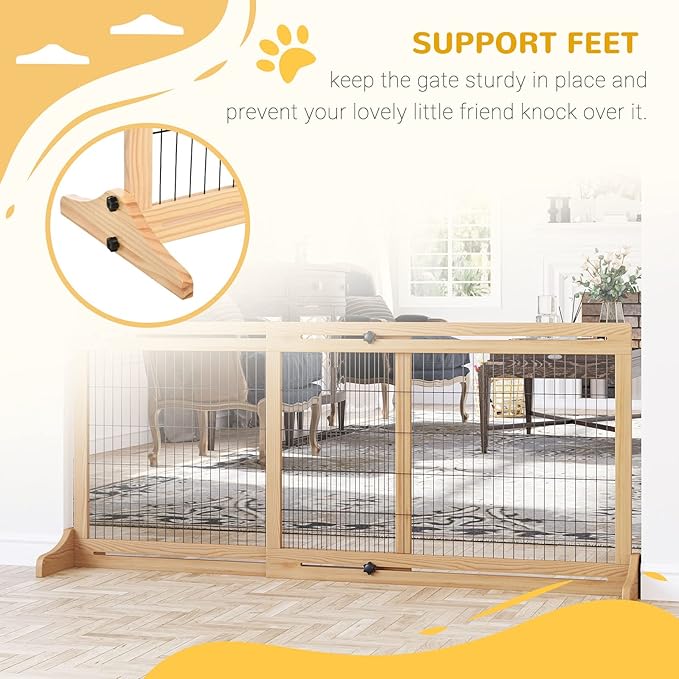 PawHut 72" W x 27" H Extra Wide Freestanding Pet Gate with Adjustable Length Dog, Cat, Barrier for House, Doorway, Hallway, Natural