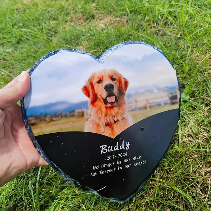 Custom Dog Memorial Stone with Photo & Name – Personalized Pet Headstone, Paw Print Keepsake Gift for Dog Loss, Outdoor Garden Slate Plaque