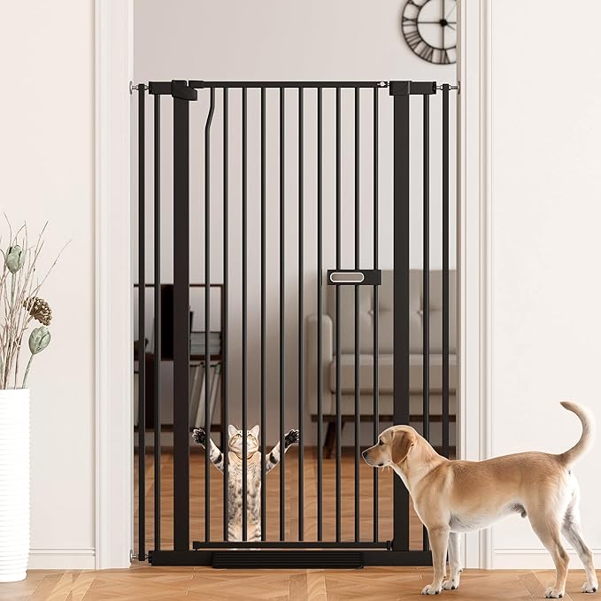 61" Extra Tall Dog Gate Indoor for Doorways, 30.1-33.8" Wide Auto Close Cat Pet Gate Indoor for Stairs, No Drilling High Pressure Mounted for Hallways/Kitchen, Narrow Bar Spacing, Black