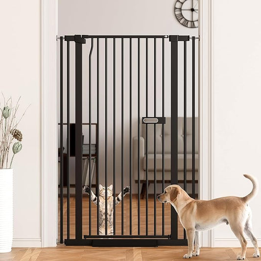 61" Extra Tall Dog Gate Indoor for Doorways, 30.1-33.8" Wide Auto Close Cat Pet Gate Indoor for Stairs, No Drilling High Pressure Mounted for Hallways/Kitchen, Narrow Bar Spacing, Black