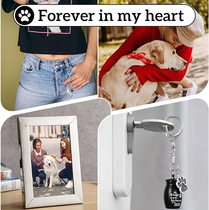2 Pcs Pet Urns Keychain for Dogs Cats Small Urns for Ashes Keepsake Jewelry Paw Print Memorial Urn Dog Paw Charm Ashes Holder with 2 Storage Bags for Cats Cylinder Cremation Pet Cinder Black Silver