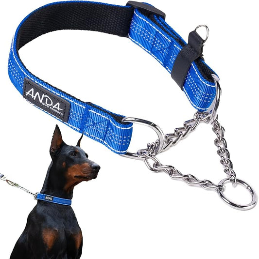 ANDA Martingale Collar for Dogs, Adjustable with Reflective Stainless Steel Chain, No-Pull Escape-Proof Training Collar for Medium and Large Breeds (Blue, Medium)