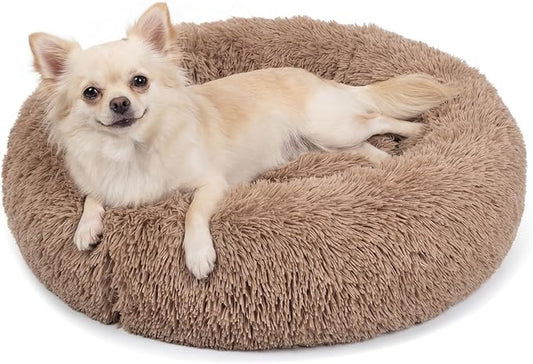 Calming Donut Dogs Beds for Small Dogs Washable,19inch Fluffy Round Puppy Bed for Puppies,Cats & Toy Breeds with Raised Rim,Fits up to 15 lbs Pets,Camel