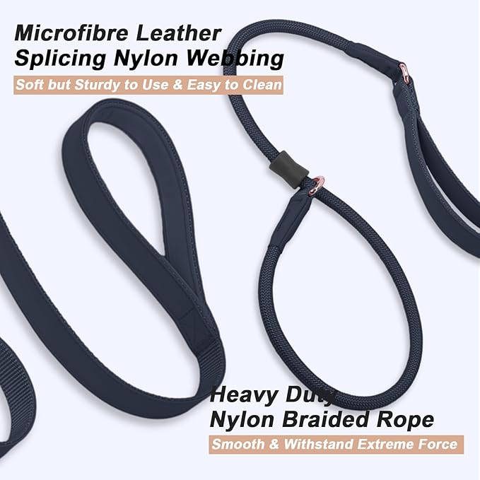 Slip Lead Dog Leash, Dog Training Leash with Double Handle, Soft Leather Slip Leash and Collar, Heavy Duty Nylon Dog Lead, No Pull Walking for Medium Large Small Dogs 5ft Black