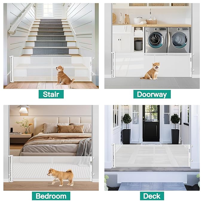 20 Inches Tall Retractable Dog Gate to Step Over, Short Pet Gate for Doorways, Extends up to 55" Wide, Step Over Puppy Gates for The House Mesh Doggie Gates Small Dog Gate Indoor Outdoor (White)