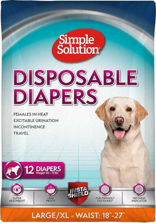Simple Solution Disposable Female Dog Diapers, Absorbent Leak Proof Protection for Incontinence, Puppy Training, Heat Cycle, Travel, and Housebreaking, Large/XL Dogs, 18–27 Inch Waist, 12 Count
