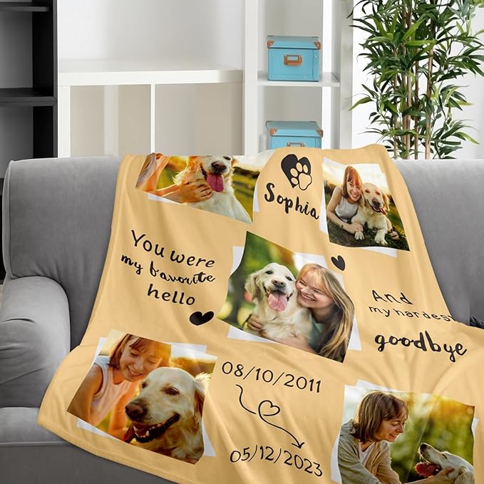 Personalized Pet Memorial Gifts, Custom Throw Blanket with Pet Photo & Name, Customized Pet Memorial Gifts for Loss of Dog Cat, Puppy Bereavement/Passing Away Gifts, Remembrance Gift for Dog Mom Dad