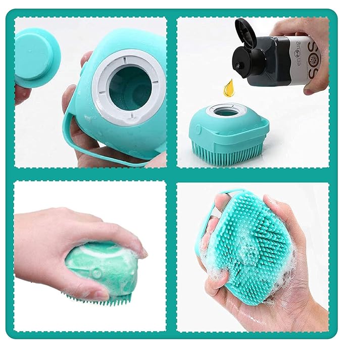 Dog Bath Brush with Shampoo Dispenser – Soft Silicone Pink Pet Scrubber for Stress-Free Bathing, Easy Refill (Dogs & Cats)