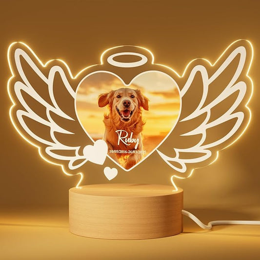 Bemaystar Dog Memorial Gifts for Loss of Dog Pet Memorial Gifts for Dogs Cat Memorial Gifts Custom Pet Memorial Night Light Pet Loss Gifts, Memorial Plaques for Dog Memorial Picture Frame - Wings