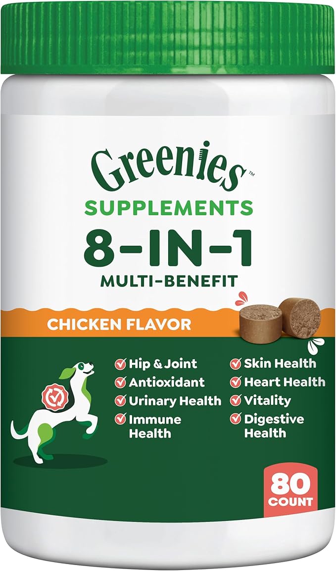 Greenies Dog Supplements 8-in-1 Multi-Benefit Dog Vitamins and Supplements Chicken Flavor, 15.5 oz. Container, 80 Count