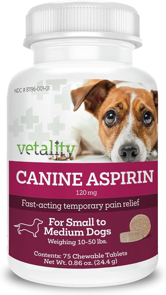 Vetality Canine Aspirin for Dogs | Fast Pain Relief | Small to Medium Dogs | Liver Flavor | 75 Chewable Tablets