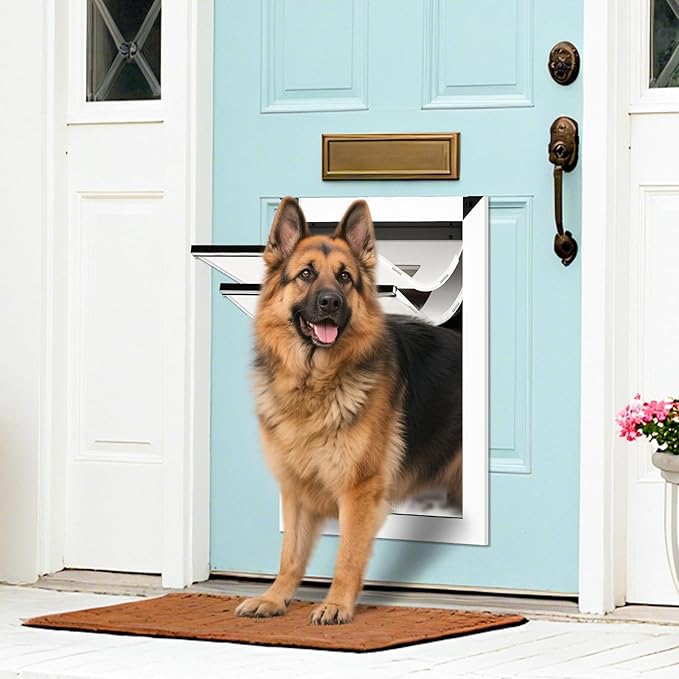 HARDLIGHT Aluminum Frame XL Dog Door - Up to 180 LBS, Double Soft Flaps with Magnetic Closure, Adjustable Telescoping Tunnel XL Dog Door with 2 Sliding Panels, Easy Install, Snow White, X-Large
