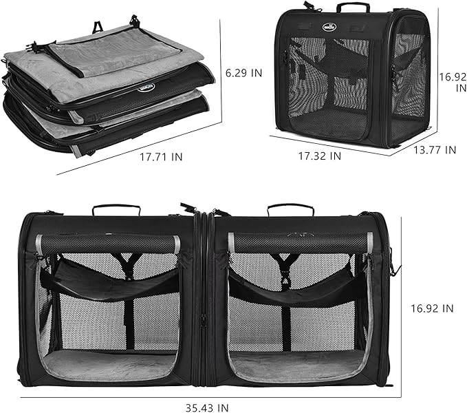 Large cat Carrier Soft-Sided Portable Pet 2 Cats Travel Double Dog Crate Set with Portable Carry Bag/Hammocks/Mats/Tent Stakes/2 Pcs Pet Bowls for Outdoor Camping