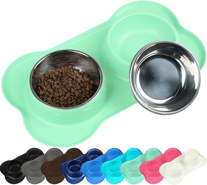 VIVAGLORY Dog Bowl Splashfree Pet Bowl, Dog Dish with Silicone Mat Placemat for Messy Eater, Double Stainless Steel Food Water Feeding Set Dishwasher Safe Spill Proof for Pet, S, Mint Green