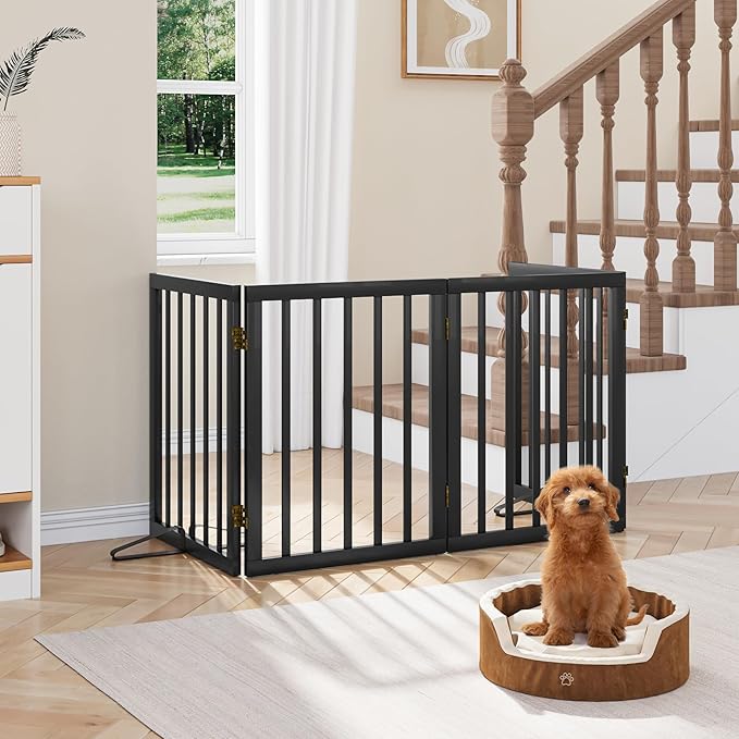 Semiocthome Solid Bamboo Dog Gate with 2 Stands, Freestanding Pet Gates for Doorways and Stairs, 24" Height-4 Panels Puppy Gate for the House, Fully Assembled Indoor Gate Adjustable Safety Fence-Black
