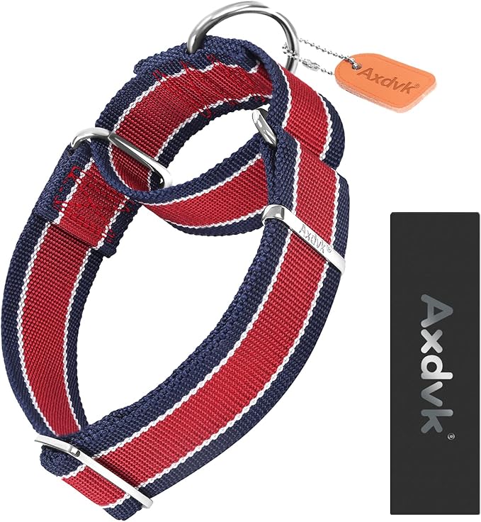 Martingale Collar 1.5 Inch Wide 1600D Extra Strong Anti Escape Nylon Dog Collar, No Pull Heavy Duty Pet Collars with 3-Color Stripe for Medium to Large Dogs (L, Red & Navy Blue)