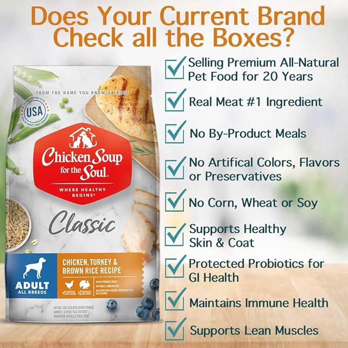 Chicken Soup for the Soul All Natural Premium Adult Dry Dog Food, Real Meat First Ingredient, No by-Products, Supports Gut & Immune Health, Chicken, Turkey & Brown Rice, 4.5lb (Pack of 2)