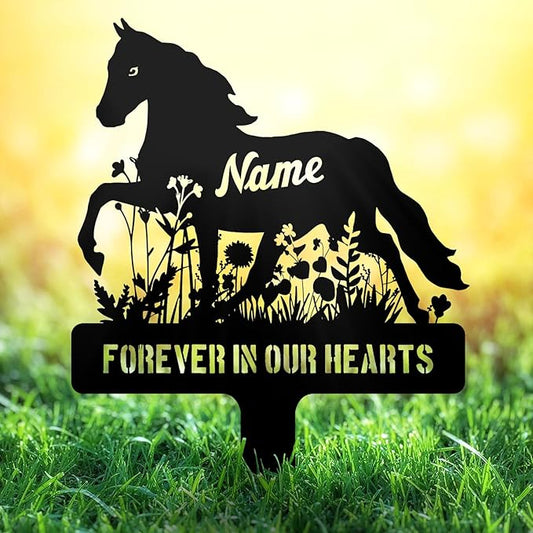 Personalized Horse Grave Marker Custom Memorial Stake, Metal Graveside Sign Tombstone, Memorial Gift, Remembrance Plaque, Horse in Flower Sympathy Sign, Outdoor Garden Decor