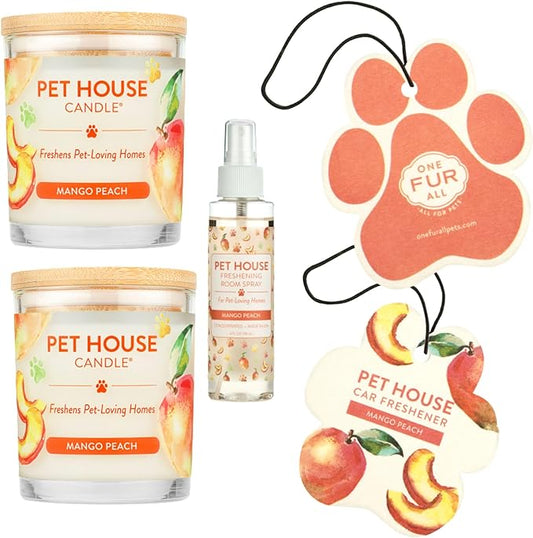 One Fur All Pet House Candle Value Pack - Plant-Based/Soy, Long Lasting Odor-Fighting Candles, Mango Peach Scent