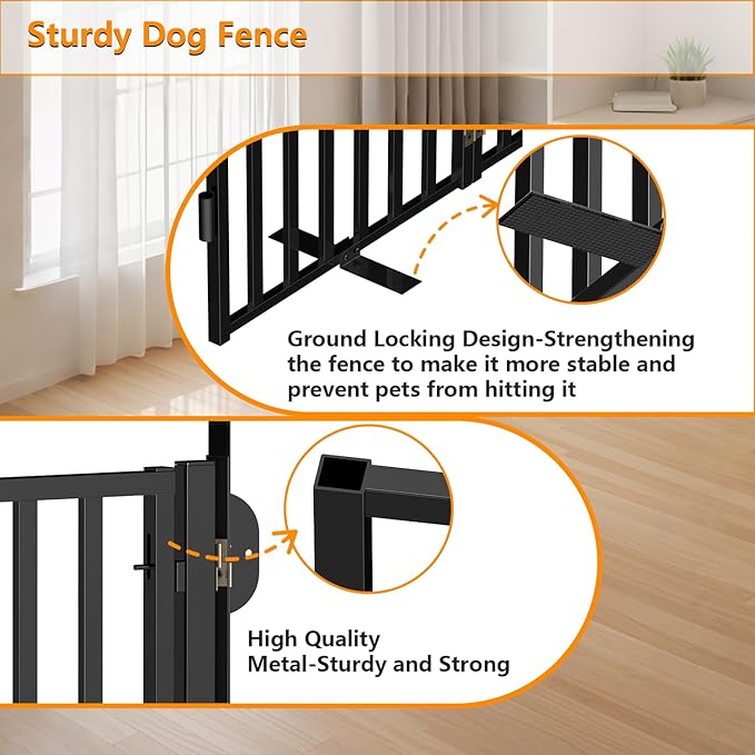 Metal Dog Gate with Door Free Standing for Indoor Use, Freestanding Pet Fence for Stairs and Yard, 32" Tall 8 Panels Black