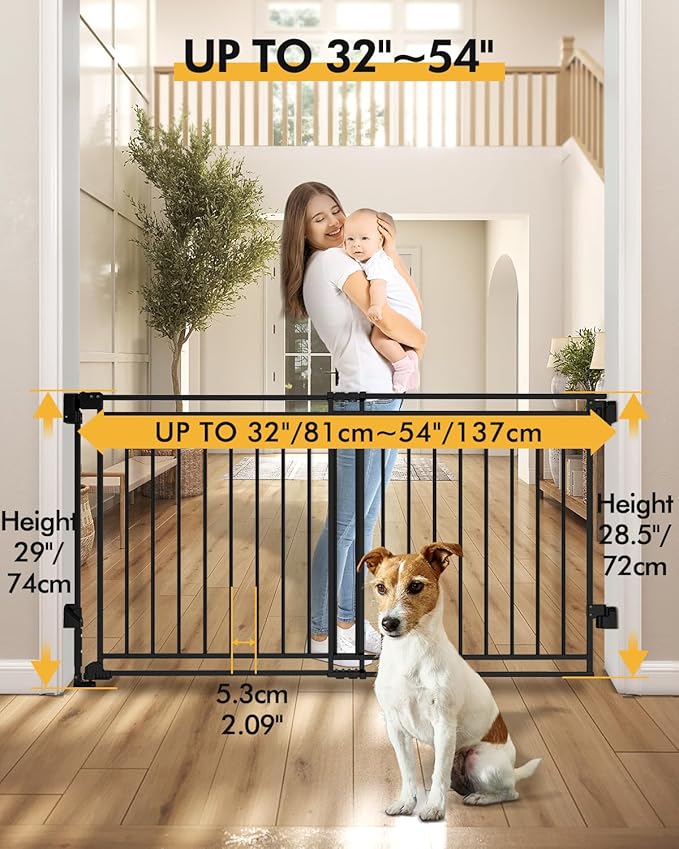 Extra Wide Baby Gate for Stairs Doorways & Kitchen,32"-54" W x 29" H, No Bottom Bar Dog Gate, One-Handed Auto-Close, Hardware Mount Safety Gate for Dogs & Toddlers, Black