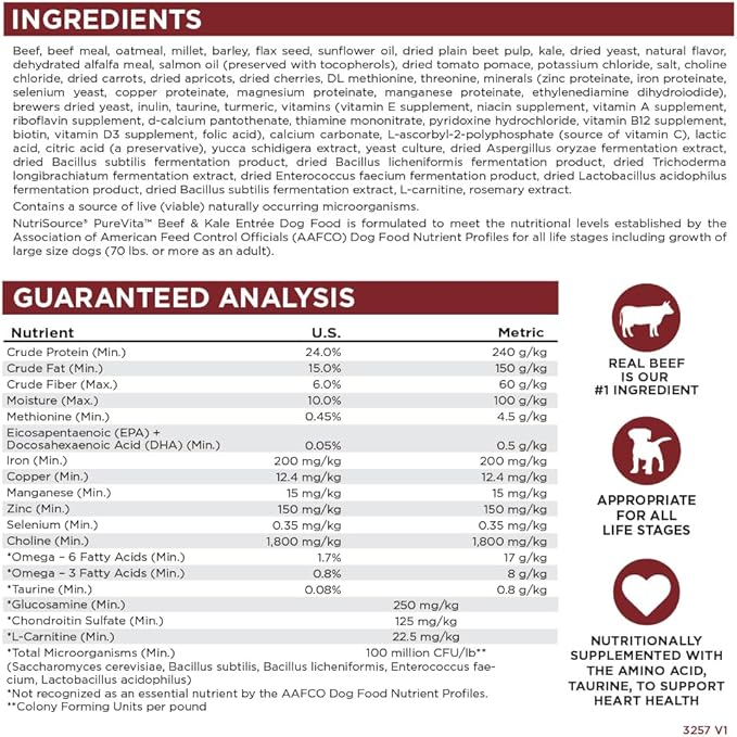 NutriSource Pure Vita Beef & Kale Dog Food, 12LB
