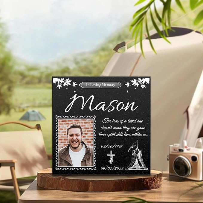 ADFSTONE Grave Stones for Cemetery for Humans- Personalized Head Stone for Graves, Photo Grave Markers, Engraved Cemetary Headstones, Picture Memorial Plaque, Marble Tombstone with Stand