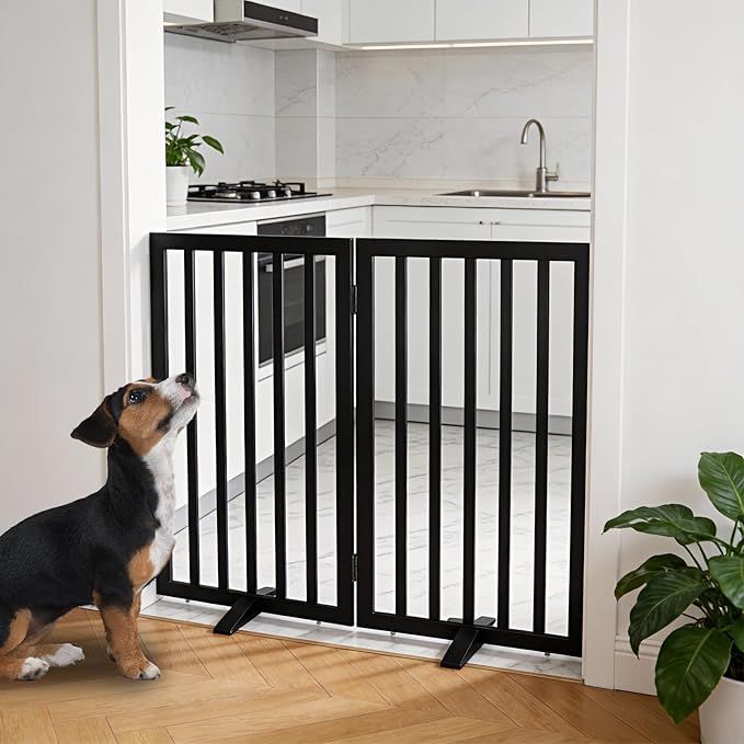 Dog Gate Indoor, Freestanding Dog Fence for The House, Doorways, Hallways,or Stairs,Pet Gate Foldable Wooden,Expandable 32" Height 2 Panels,Black
