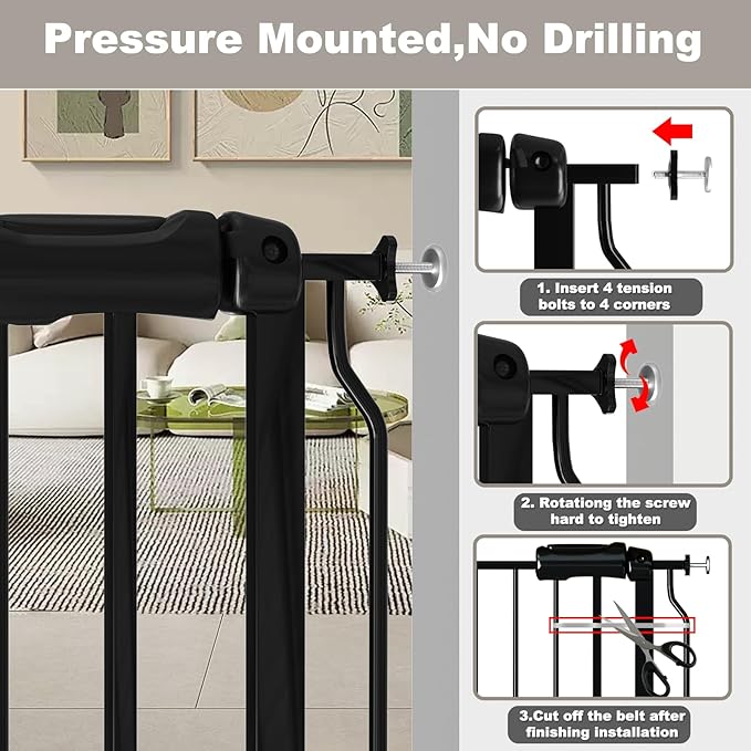 Fairy Baby Walk Through Baby Gate 38.5-43.5 Inch Wide for Stairs, Pressure Mounted Safety Gate with Door No Drill, Black Tension Metal Gate for Dog and Toddler