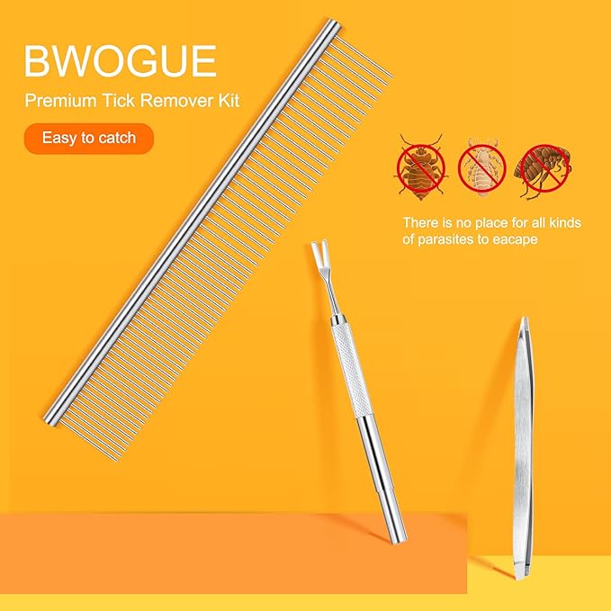 BWOGUE Premium Tick Removal Kit for Dogs and Cats - Stainless Steel Tool with Comb, Easily Removes Ticks and Fleas