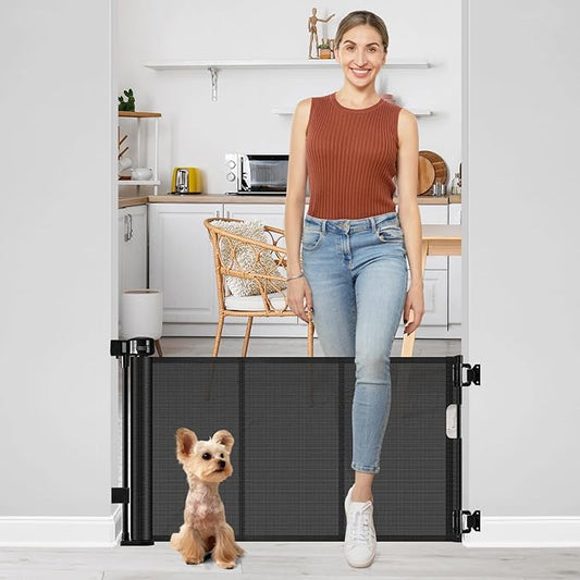 Short Dog Gate 0"-39" Wide Narrow Baby Gate 24” Tall Retractable Short Pet Gate to Step Over Short Baby Gate for Doorway, Low Pet Gate Indoor Doggie Gates Mesh Puppy Gate for Stairs, Black