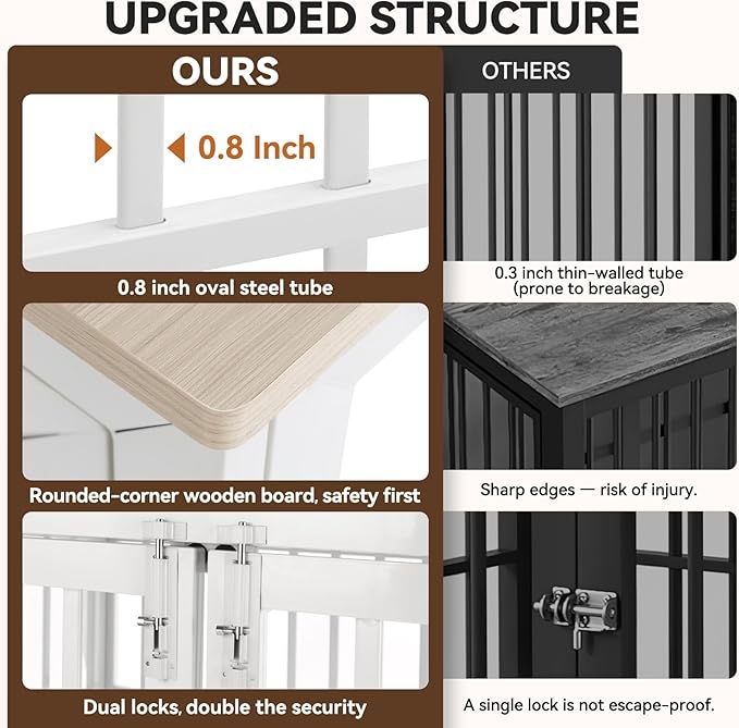 Oranland 42 Inch Heavy Duty Dog Crate Furniture,Dog Kennel Furniture Indoor for Large and Medium Dogs,Decorative Pet House End Table, 0.8 Inch Steel Tubes Wooden Cage/Max Load Capacity 300lbs/White