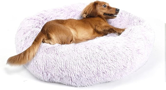 Calming Dog Bed for Medium Dogs Washable Donut 30 inches Anti-Slip Pet Bed,Round Fluffy Plush Faux Fur Cat Bed,Fits up to 45 lbs Pets,Gradient Purple