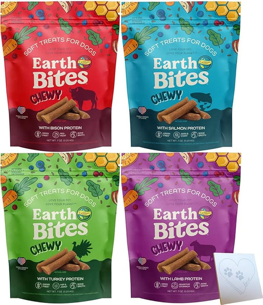 Earthborn-Holistic Dog Treats Chewy Variety Pack - 4 Delicious Earth Bites Flavors: Lamb, Bison, Turkey, & Salmon (7oz Each)
