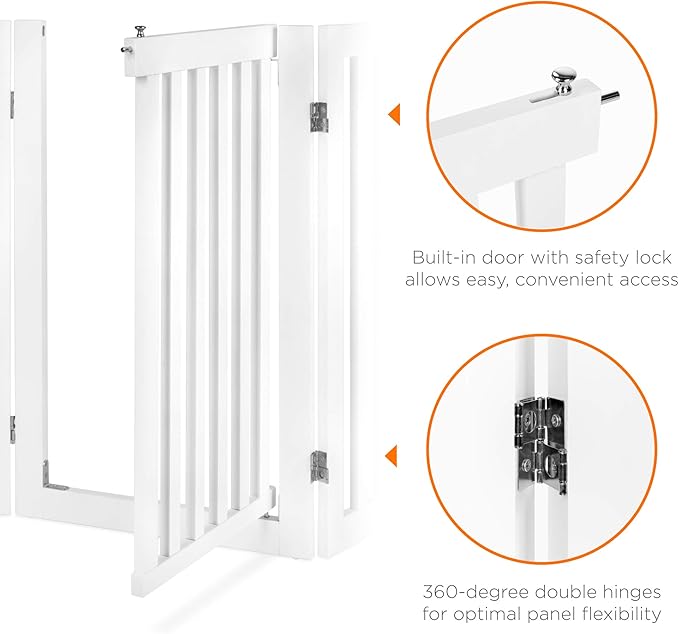 Best Choice Products 31.5in 4-Panel Freestanding Wooden Pet Gate w/Walk Through Door, Adjustable Pen, Support Feet - White