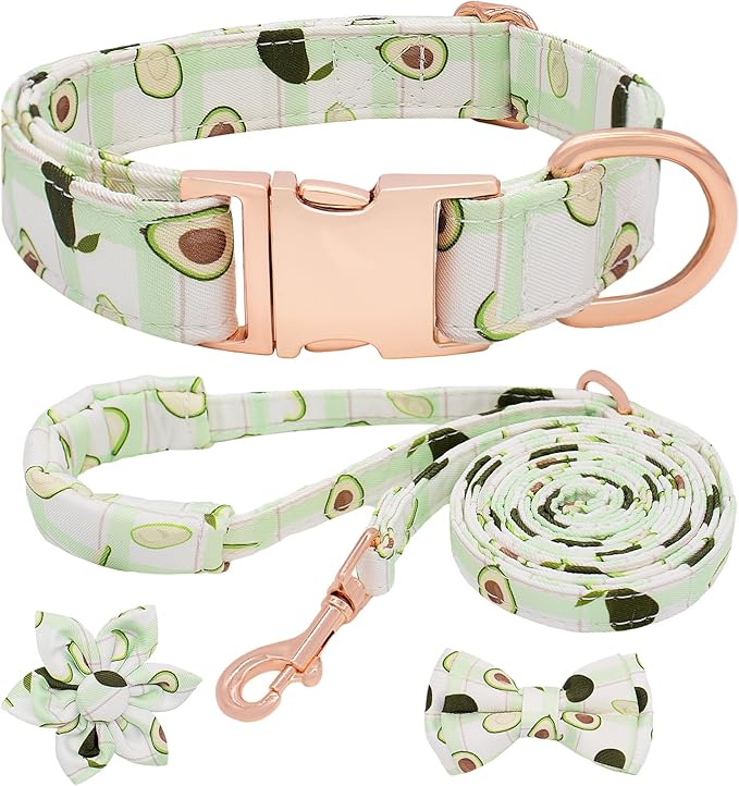 Dog Collar and Leash Set Adjustable Girls Puppy Floral Collars with Bow Tie for Small Medium Large Dogs(S, Avocado)