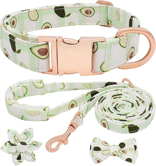 Dog Collar and Leash Set Adjustable Girls Puppy Floral Collars with Bow Tie for Small Medium Large Dogs(S, Avocado)
