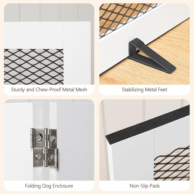Freestanding Dog Gate Indoor, Foldable Wooden Pet Gate for The House Stairs Doorways, 4 Panels Tall Dog Fence with Support Feet, 79.1"W x 31.5"H, Extra Wide Step Over Fence, White DGHW80201