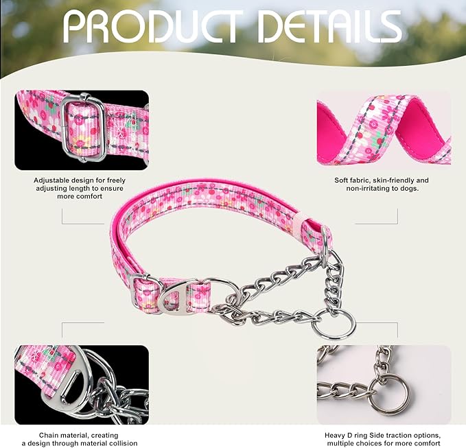Martingale Collar for Extra Large Dog with Chain，Reflective & Padded Comfortable & Safe No-Pull Dog Collar for Training & Walks（Pink XL