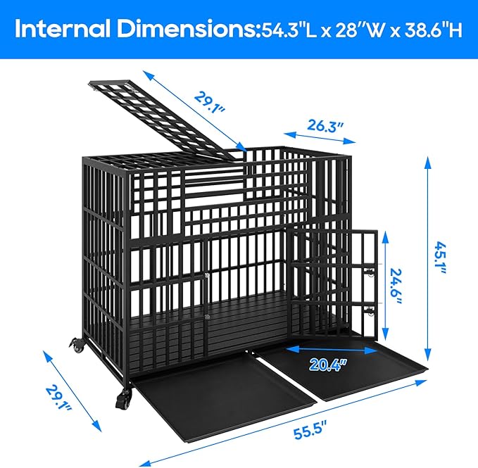 56'' Indestructible Heavy Duty Dog Crate, Extra Large Pet Cage Escape-Proof Strong Steel Impact for High Anxiety Giant Dogs, Sound Proof Chewproof Kennel Double Doors with Wheels and Trays, XXL