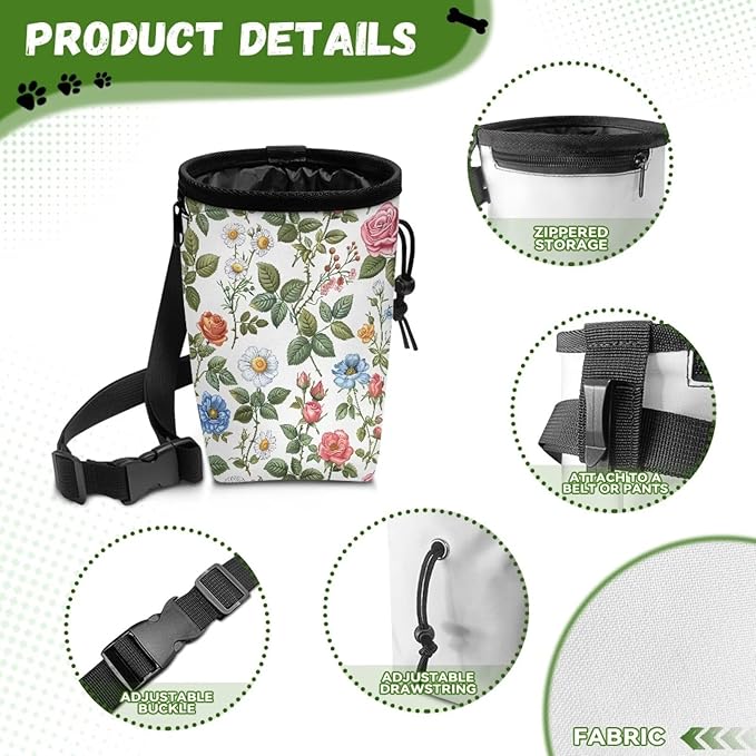 Flowers Animal Walking Snack Container Dog Treat Bag Pet Treat Pouch, Dog Trainer Essentials Supplies Treat Snack Bags for Training Doggie Puppy